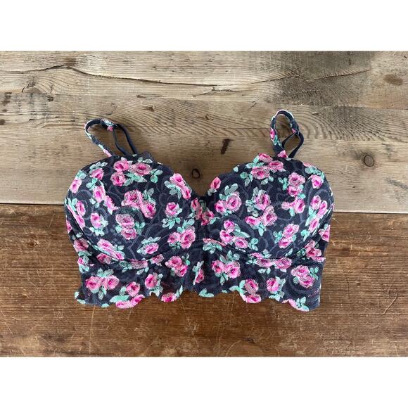 Victoria's Secret PINK Gray Rose Floral SMALL Lace Push Up Bralette Bra - Picture 1 of 2